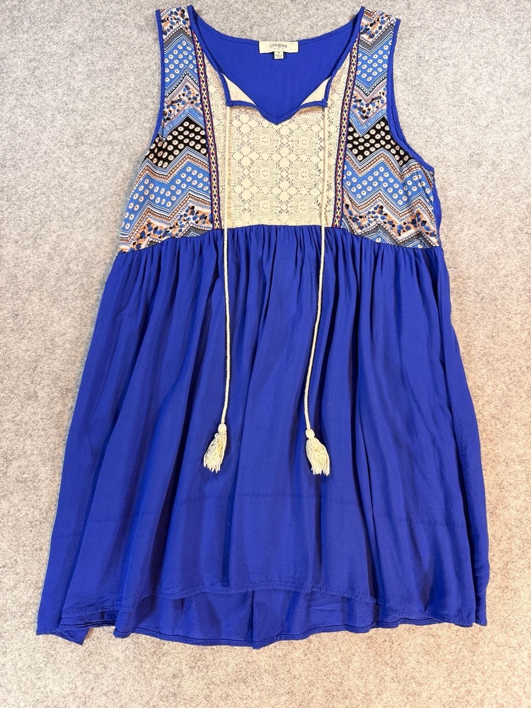 Umgee Royal Blue Embroidered Lace Boho Swing Dress Tassel Tie Sleeveless Med