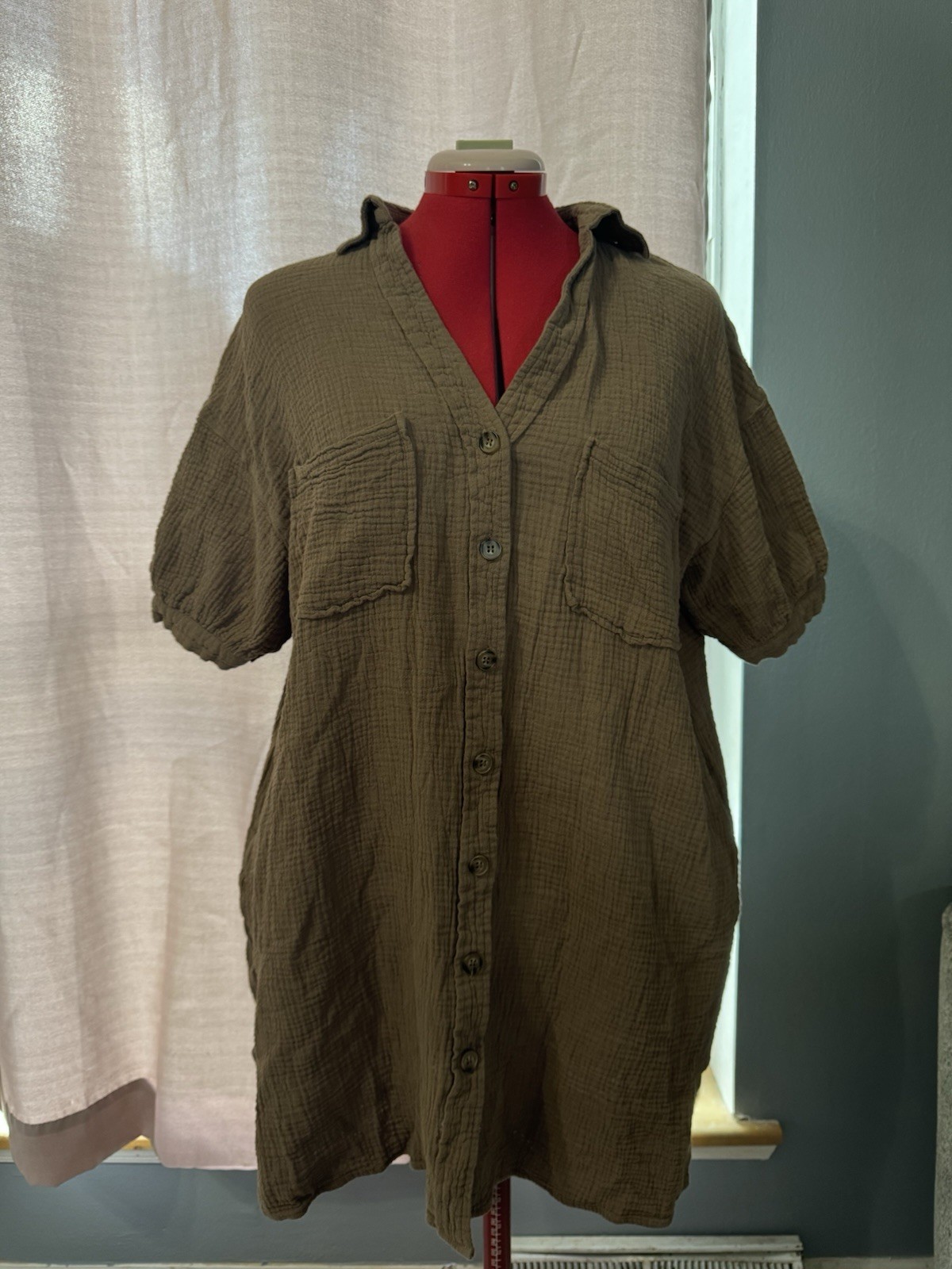 Impressions Brown Cotton Gauze Button Front Shirt Dress Tunic Oversized M