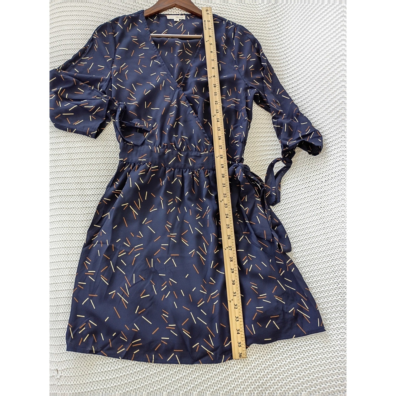 Memuse Whimsical Navy Blue Abstract Print Wrap Mini Dress Short Sleeve S/M NWOT