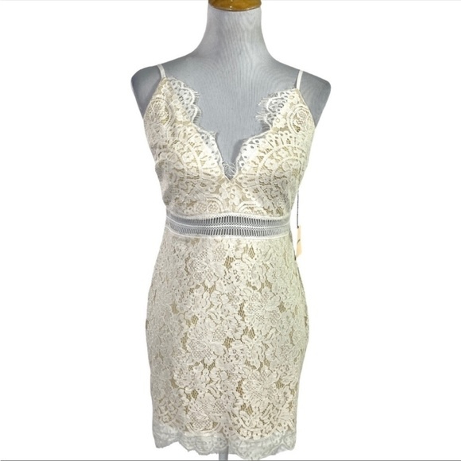 SUPERDOWN Lace Mini Dress Spaghetti Straps Plunge Vneck Ivory Size M