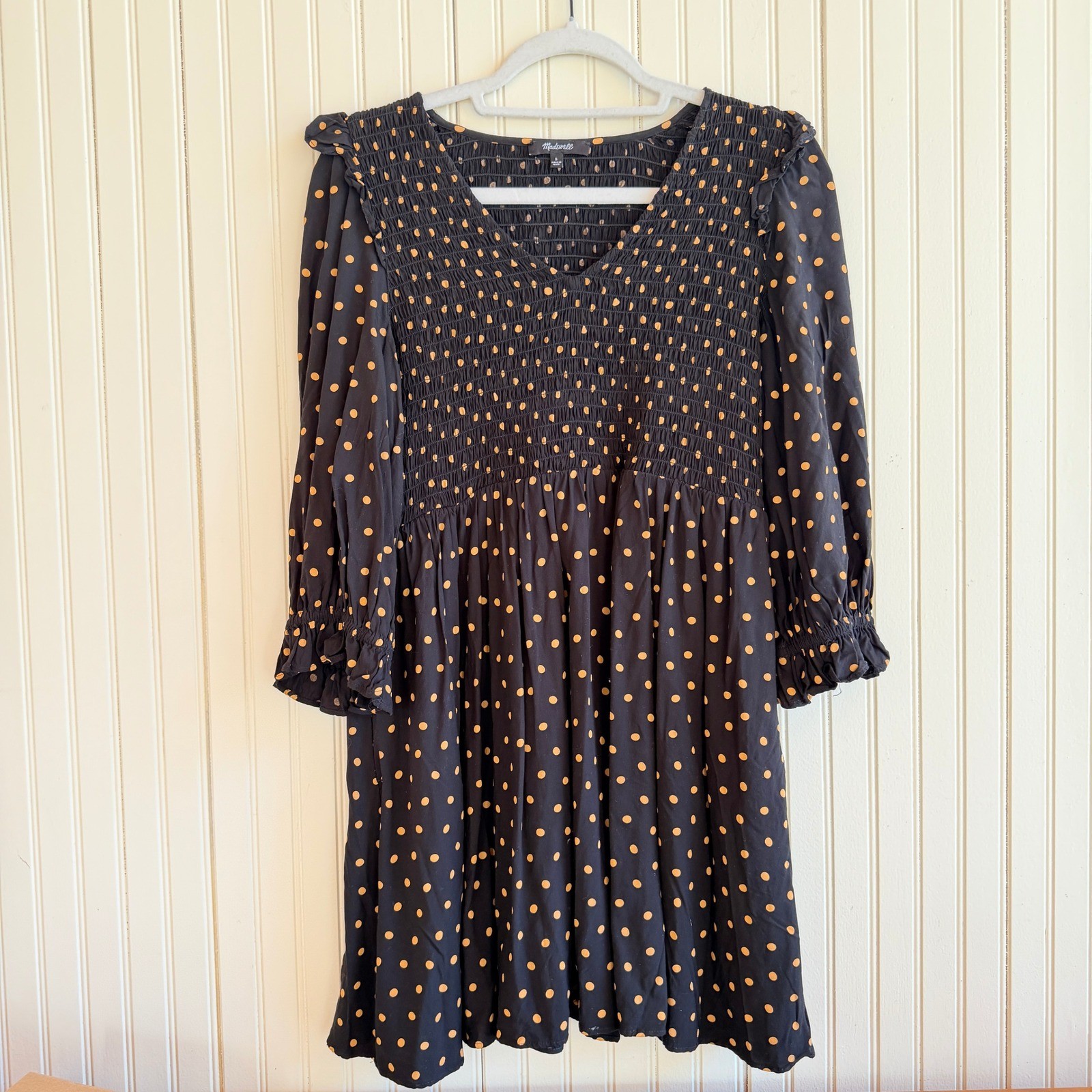 Madewell Smocked Ruffle Shoulder Mini Dress Black Gold Polka Dot Viscose Small