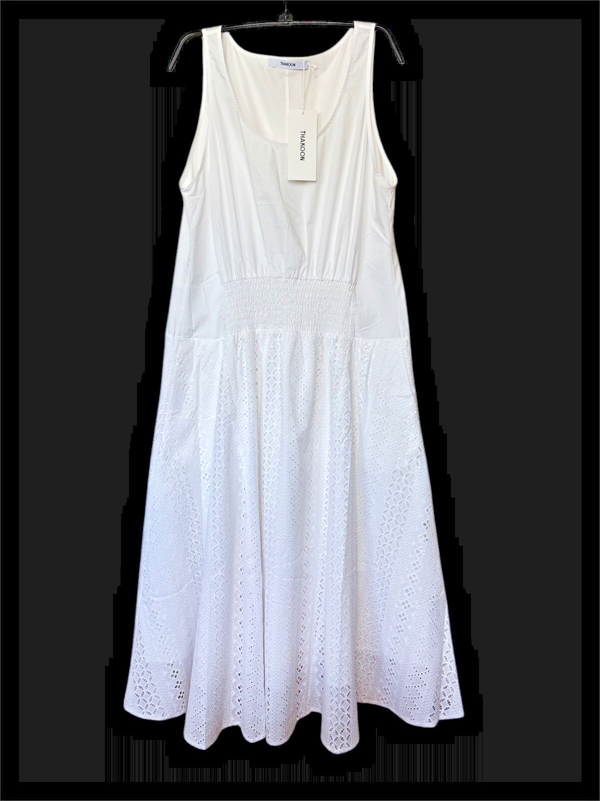 Thakoon white Eyelet Combo Trapeze long Dress Size 8 NWT smocked waist summer