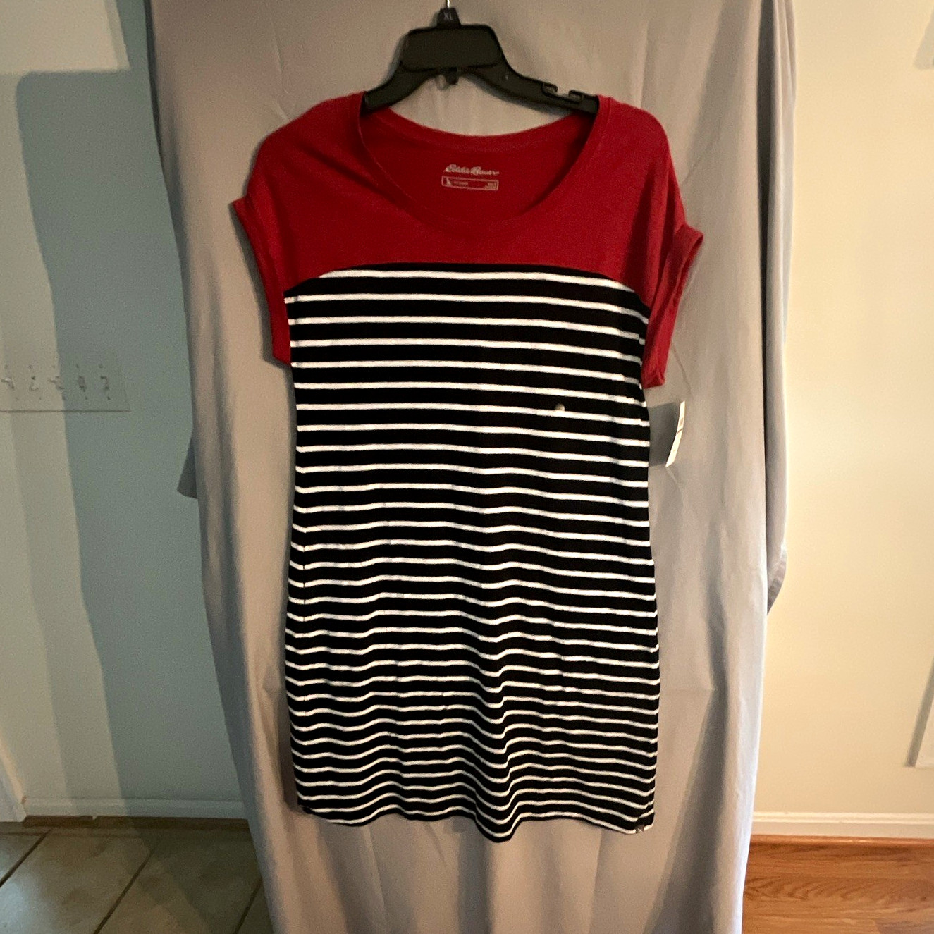 Eddie Bauer Women’s L T-Shirt Dress Red Black White Stripe Cap Sleeve Knee #5