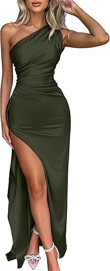 Women’s Sexy One Shoulder High Split Cocktail Wedding Party Maxi Dress