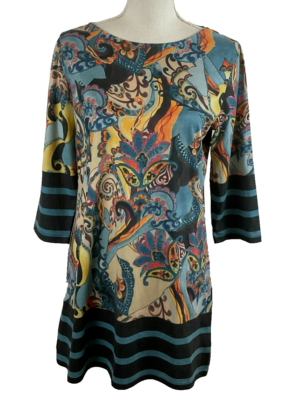 Mely Dress M Blue Orange Yellow Floral Paisley Stripe 3/4 Sleeve Sheath