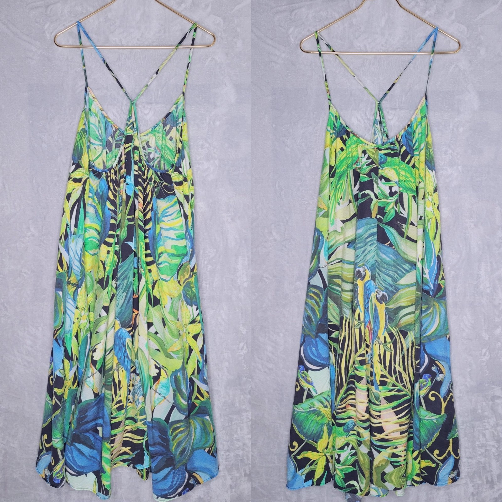 H&M Jungle Print Parachute Midi Dress Size XL Lyocell Blend Strappy Macaw Beach