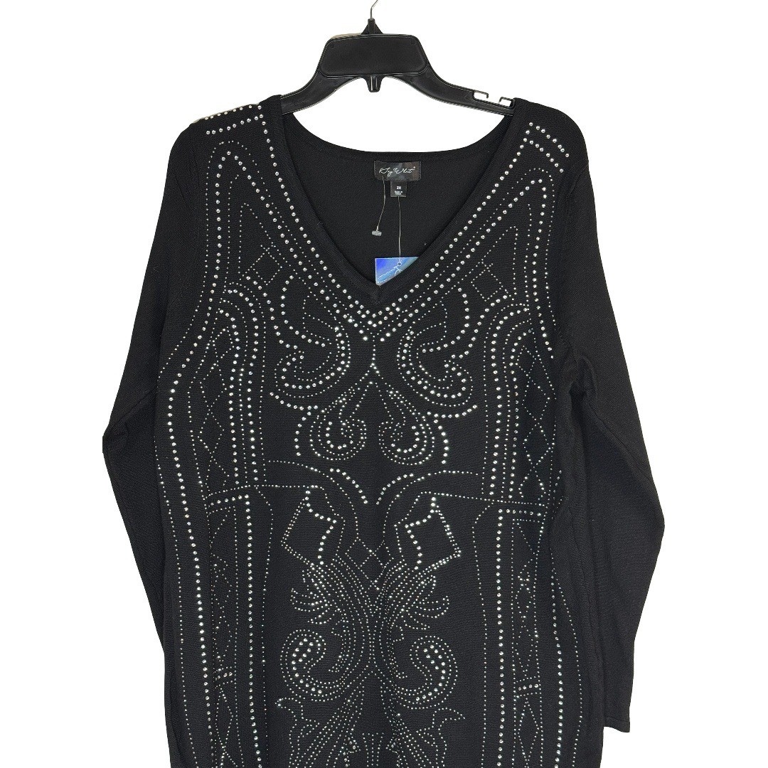 Say What Womens 2X Black Rhinestone Embellished V-Neck Sweater Dress Tunic NEW