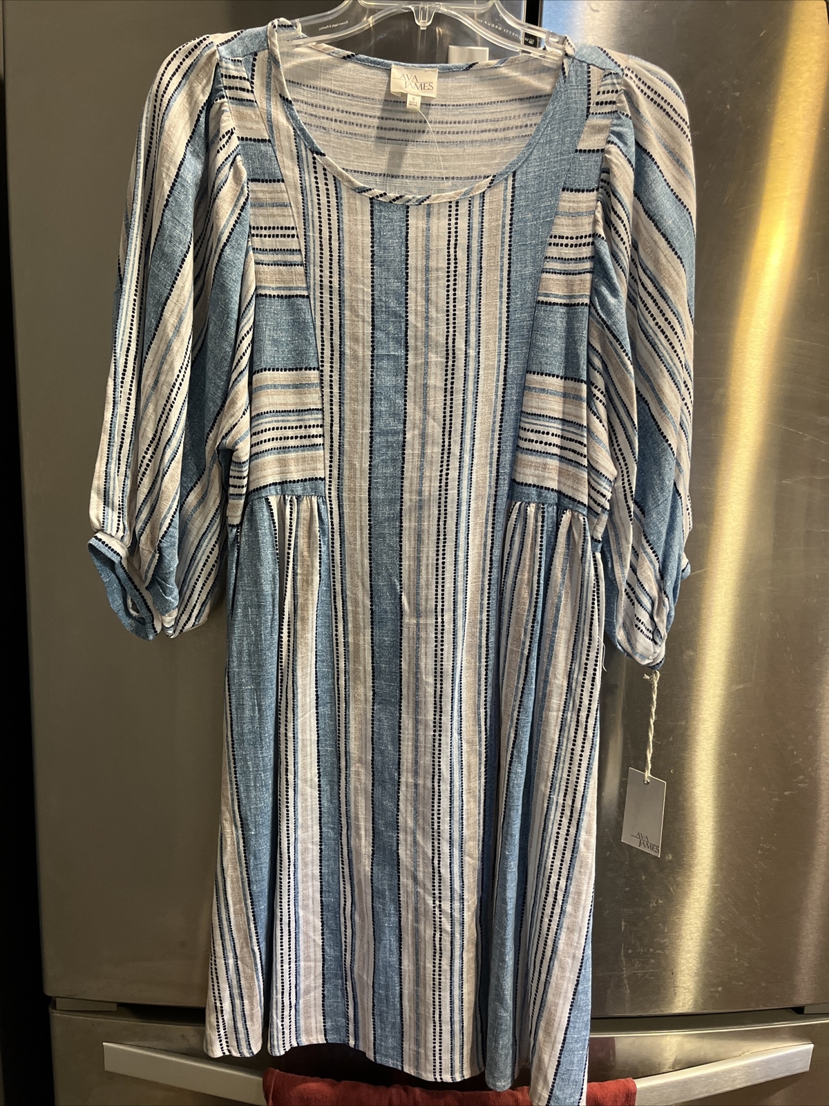 NEW Blue White Striped LINEN Sun DRESS Cotton Peasant PUFFY Sleeves Womens Small