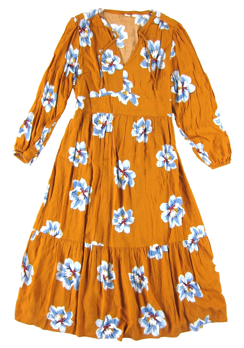 Old Navy Orange Blue White Floral Rayon Long Sleeve Tiered Maxi Smock Dress Med