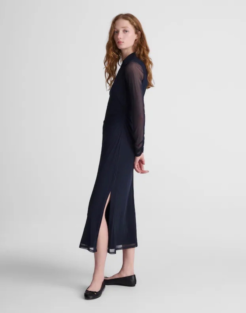 NWT Medium, Long-Sleeve Polo Midi Dress Classic Navy Mesh Lined Slim Fit