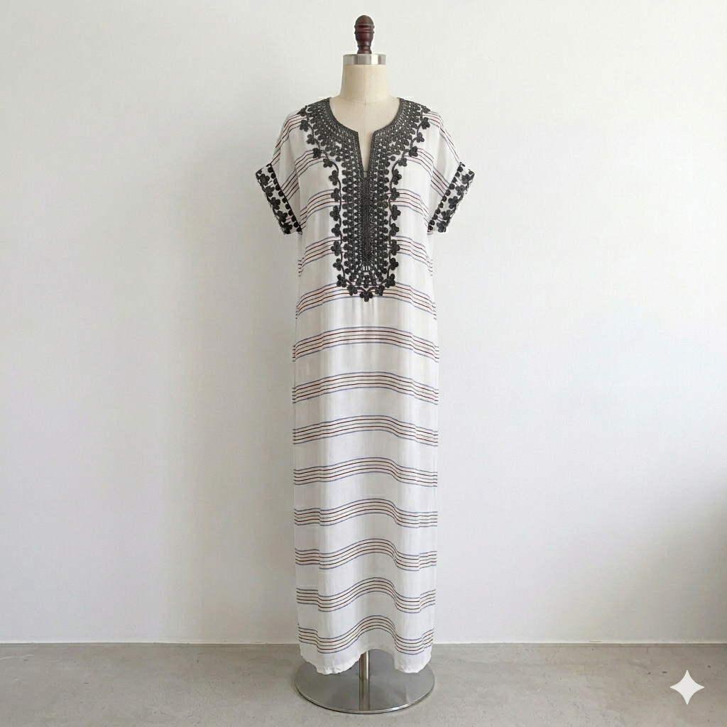 Striped Boho Maxi Dress Large White Beach Hippy Swimsuit Bathing Cover Up Floral