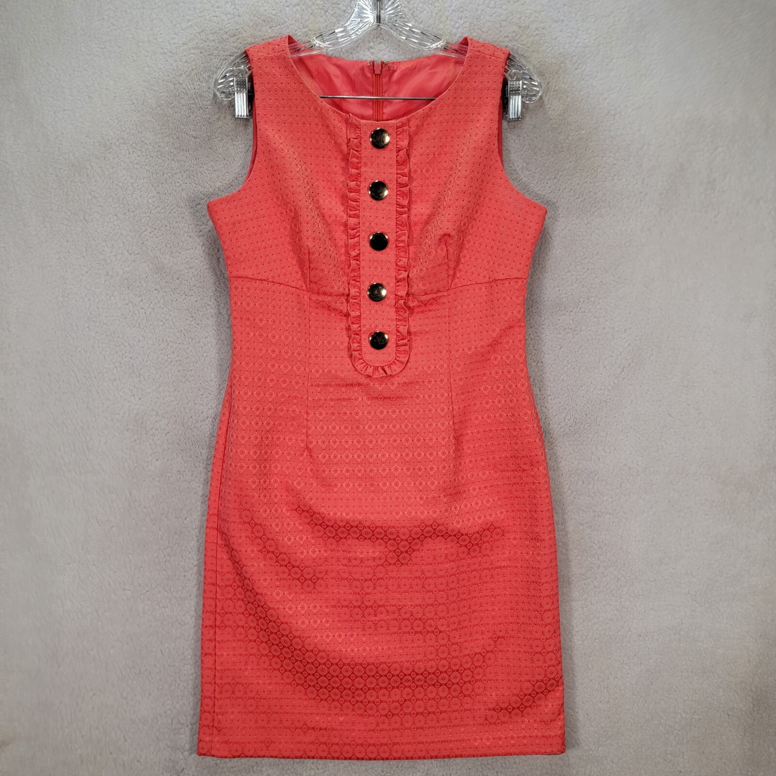 Coral Stretch Cotton Polka Dot Ruffle Boat Neck Mod Shift Womens Dress Size M