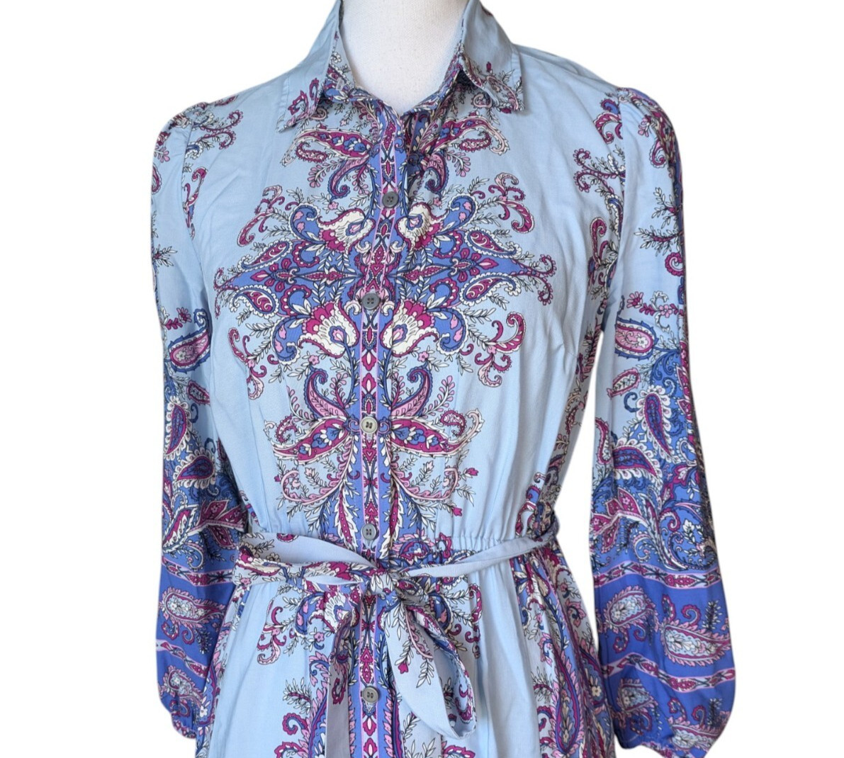 Loft Light Blue Paisley Floral Midi Shirtdress Size XS Button Front Collar Belt