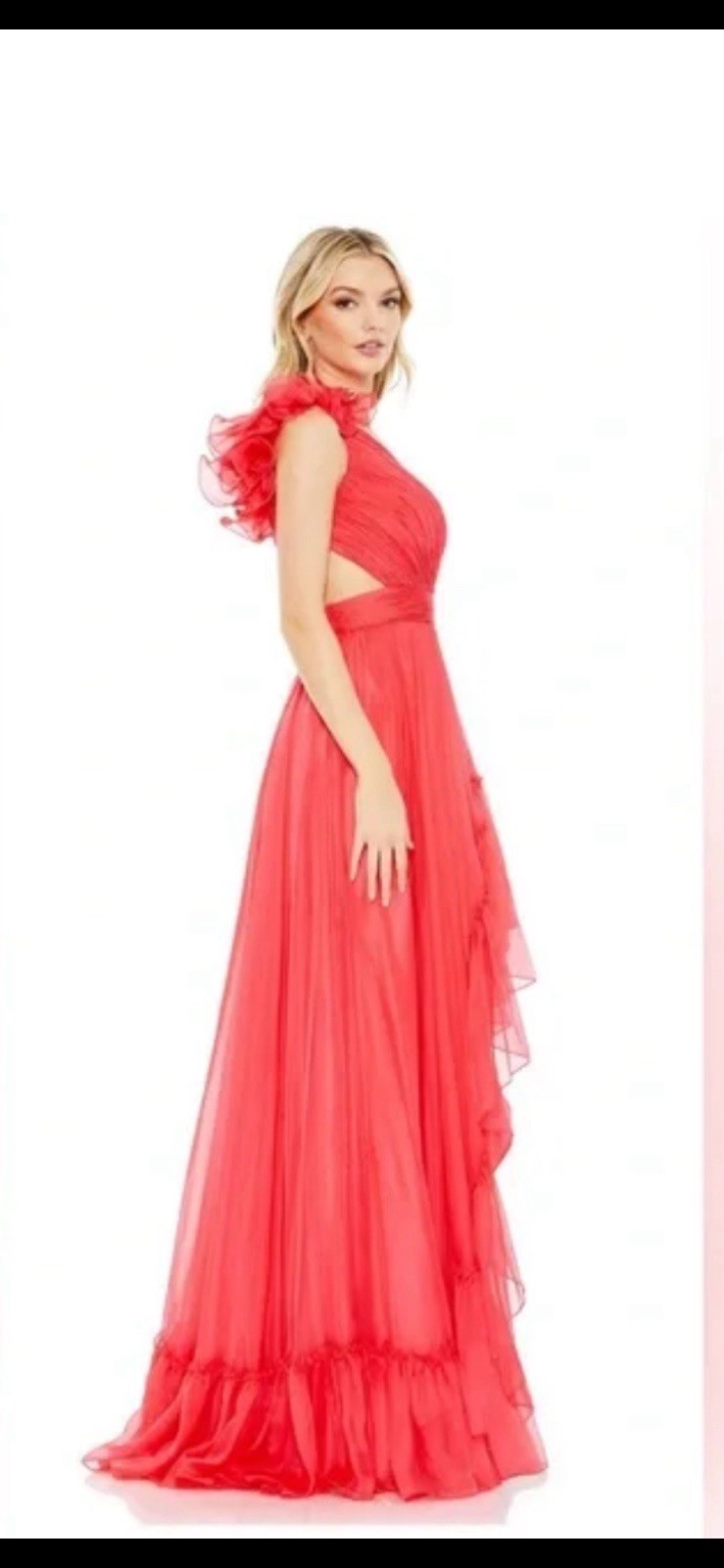 MacDuggal One Shoulder Open Back Red Ruffle Maxi Dress Sz 6