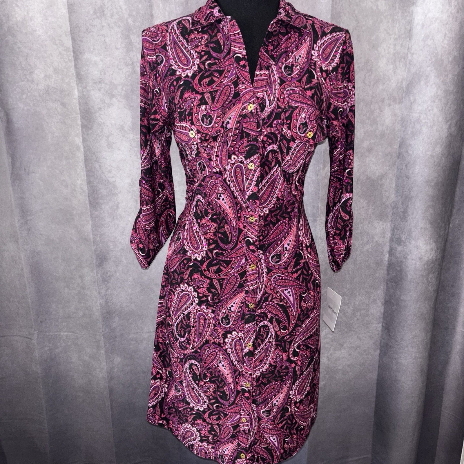 NWT Emily Daniels Petite Small Pink Paisley Sequin Button Front Shirt Dress