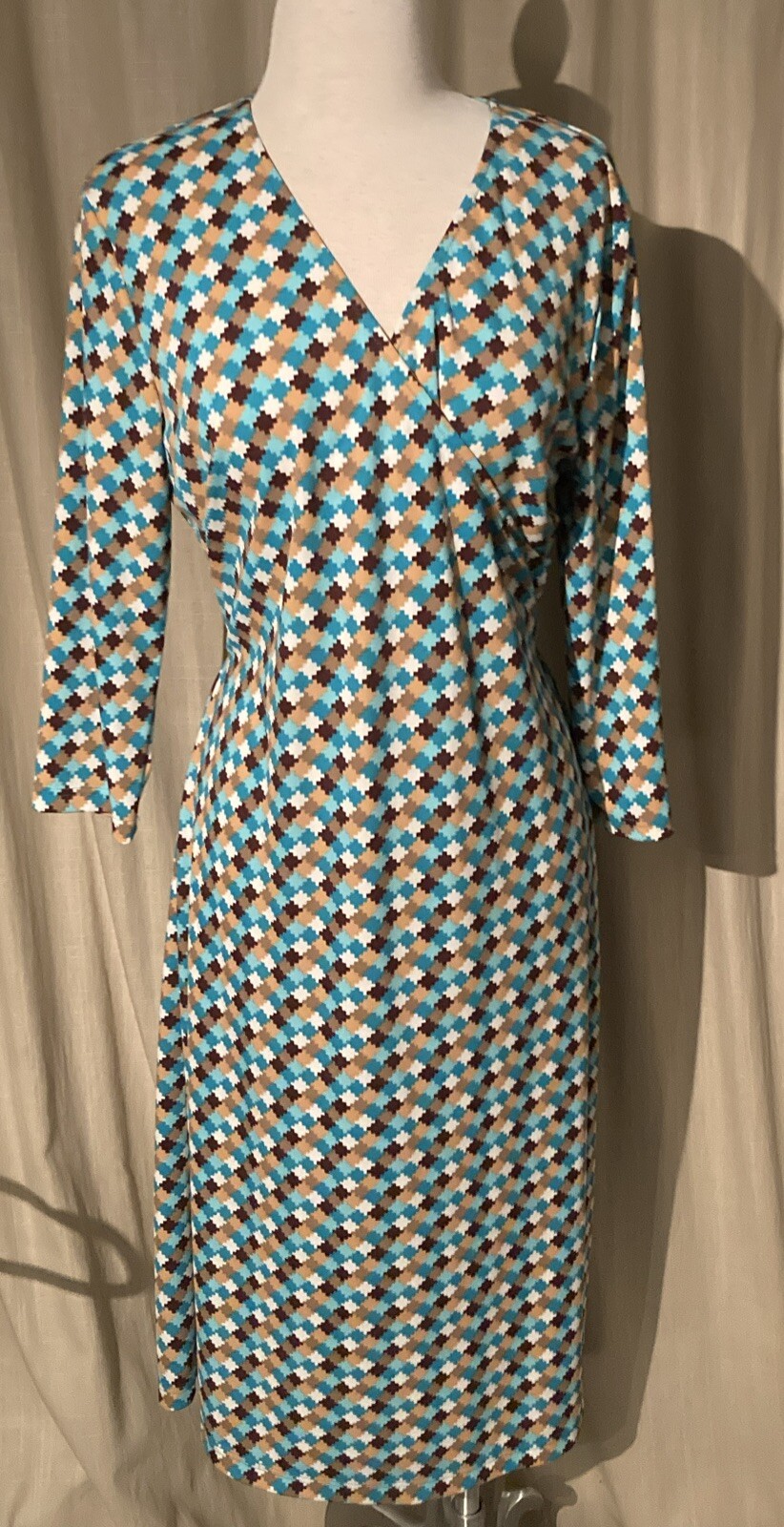 Monroe & Main Geometric Green, Tan, Teal and White Faux Wrap Dress Size Large