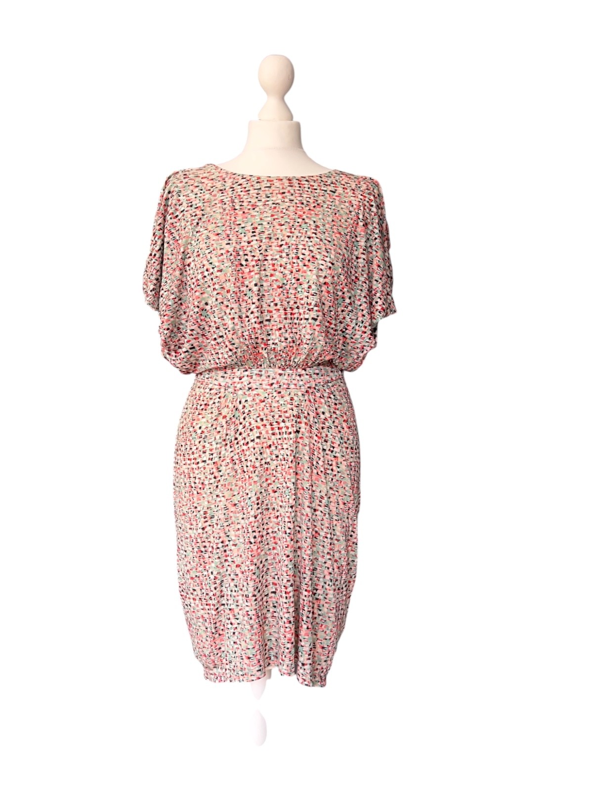 Saloni Silk Draped Dress UK 10 US 6 Multicolour Print Batwing Open Back Midi