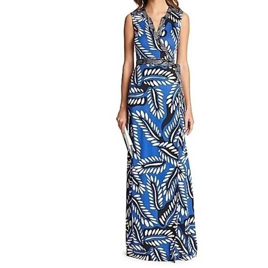 Diane Von Furstenberg DVF Orchid Maxi Dress Size 12 Blue White Silk Leaf Wrap