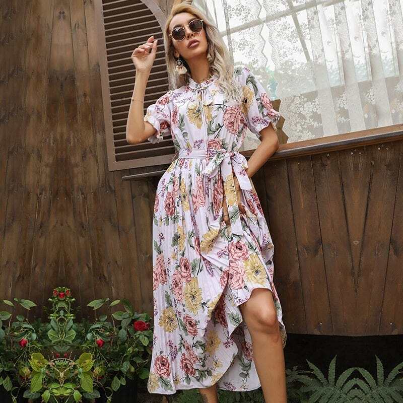 Ruffle Neck Pleated Dress