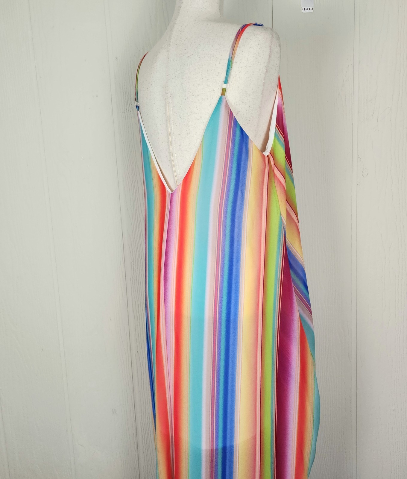 Fantastic Fawn Rainbow Strap Maxi Dress Size L Boho Pockets Lined Sundress Strip