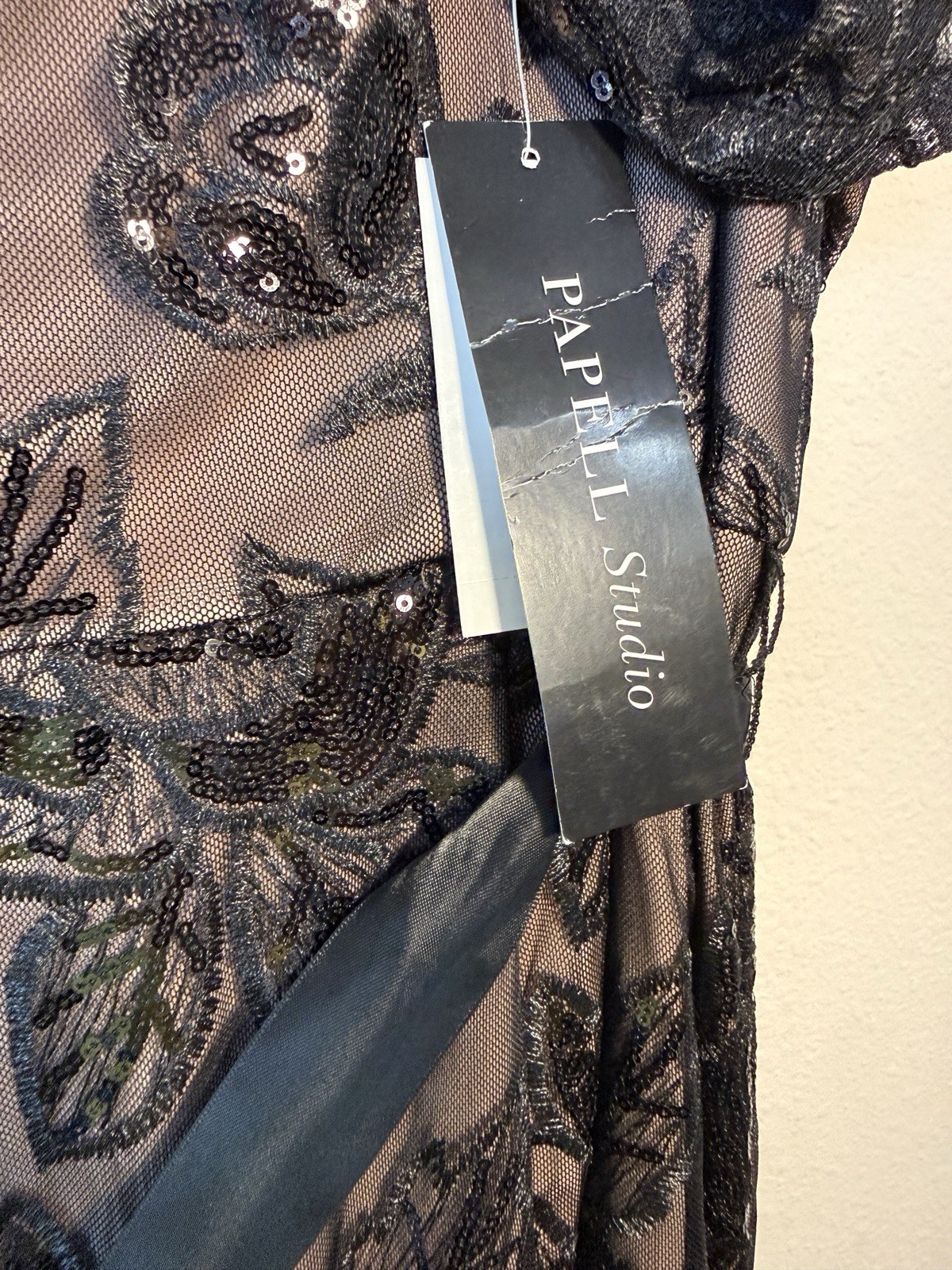 Adrianna Papell Studio Sequined Lace Gown Black Nude Dress Plus 24W NWT Belt