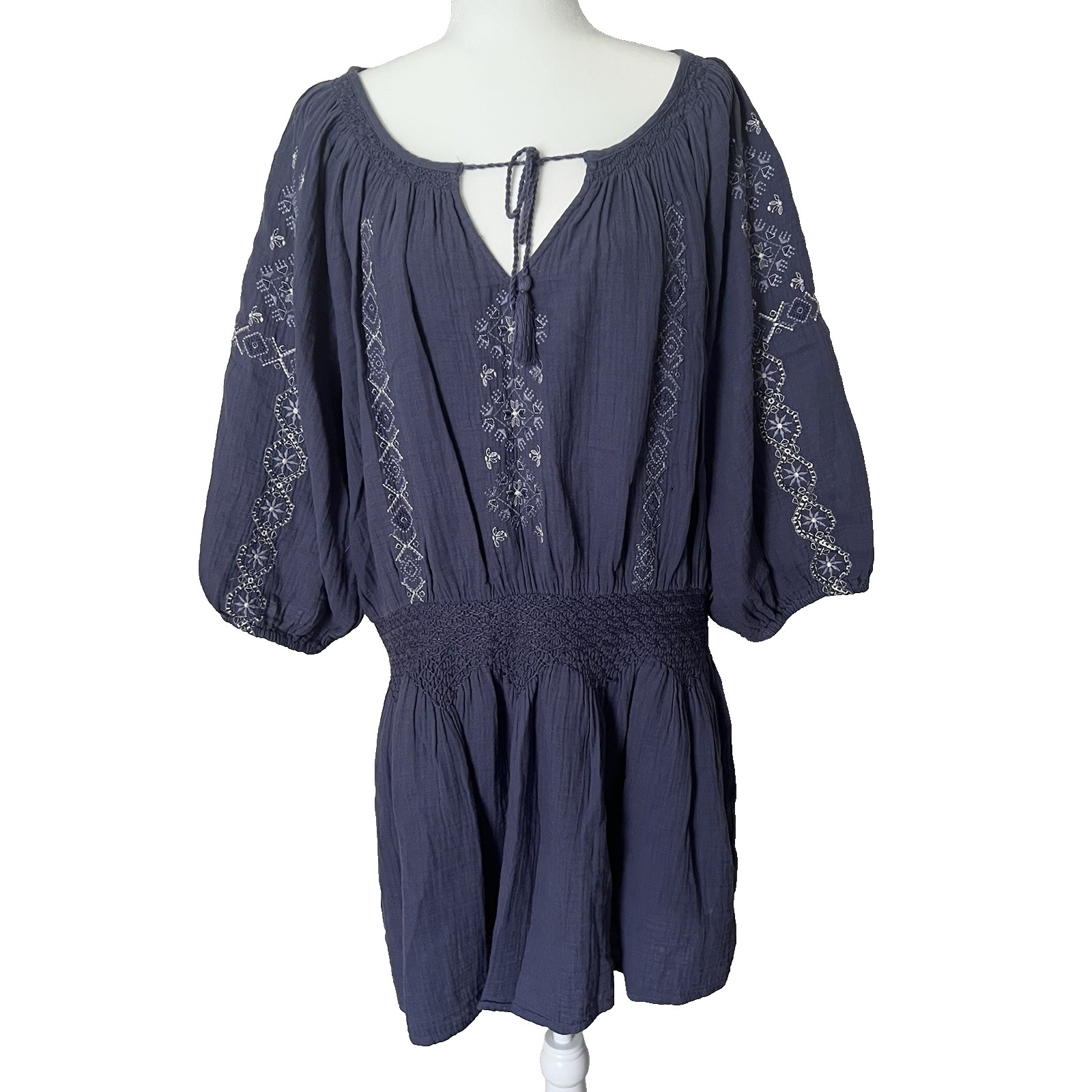 Lucky Brand Cotton Blue Nightshade Embroidered Boho 3/4 Sleeve Dress Size XL