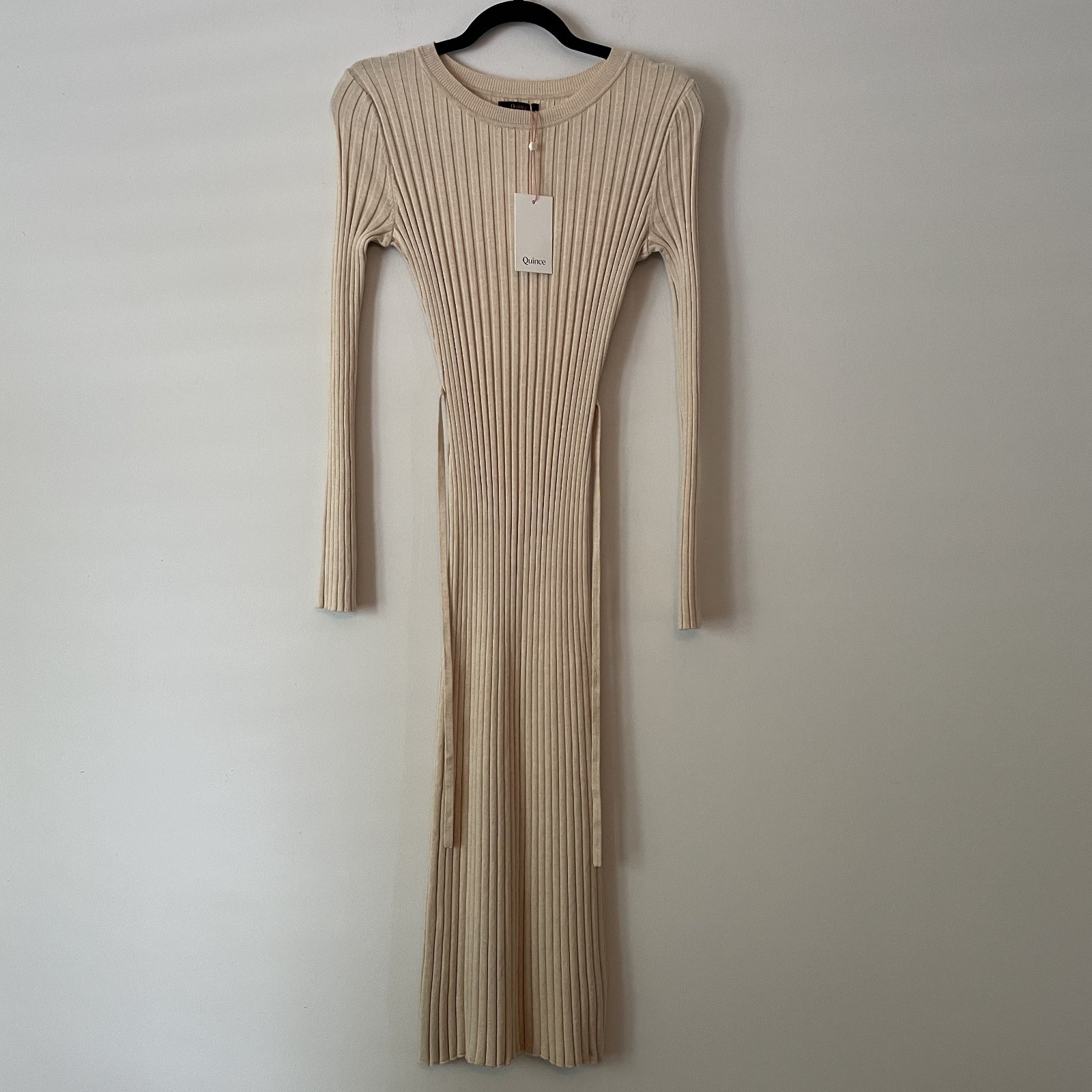 NWT Quince Cotton Cashmere Ribbed Long Sleeve Crew Midi Dress Heather Oatmeal XS
