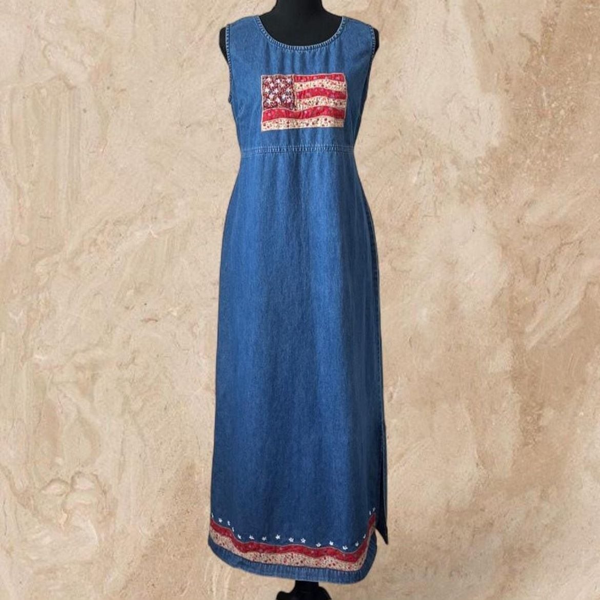 Donna Ricco Vintage Denim Maxi Dress with Americana Flag Patchwork Detail