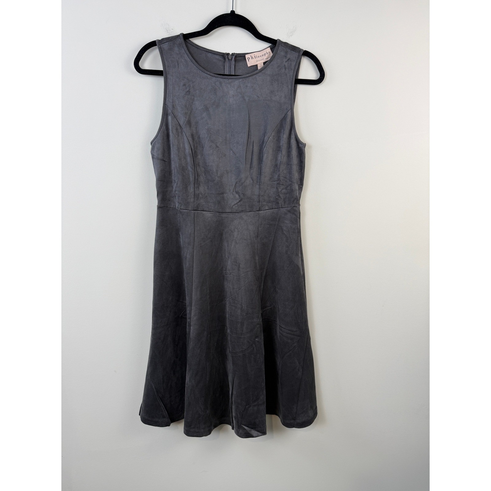 NEW Philosophy Faux Leather Dress Women 4 Charcoal Grey Sleeveless Fit & Flare