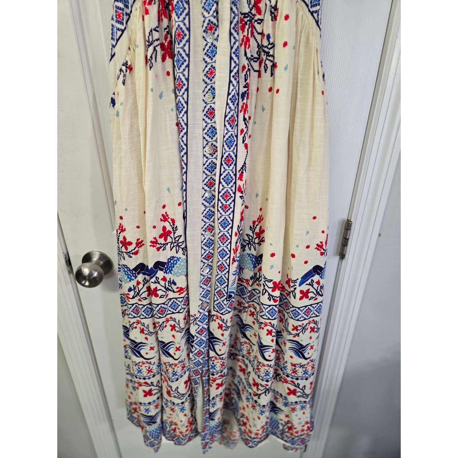 1 STATE Rayon Linen XL Geometric Floral Button Down Open Back Maxi Dress Cream