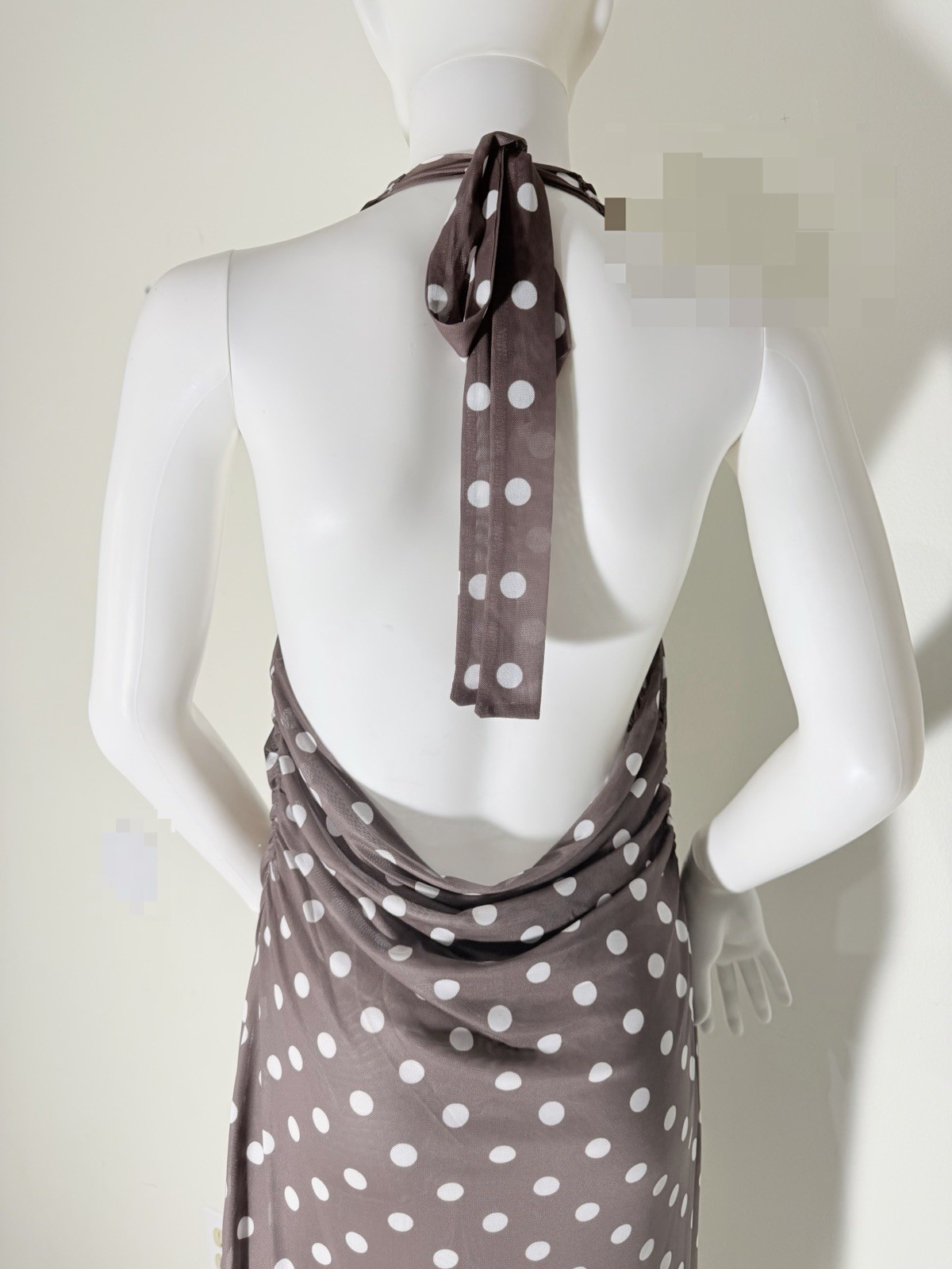 Caroline Constas Brown White Polka Dot Halter Backless Slit Mesh Midi Dress L