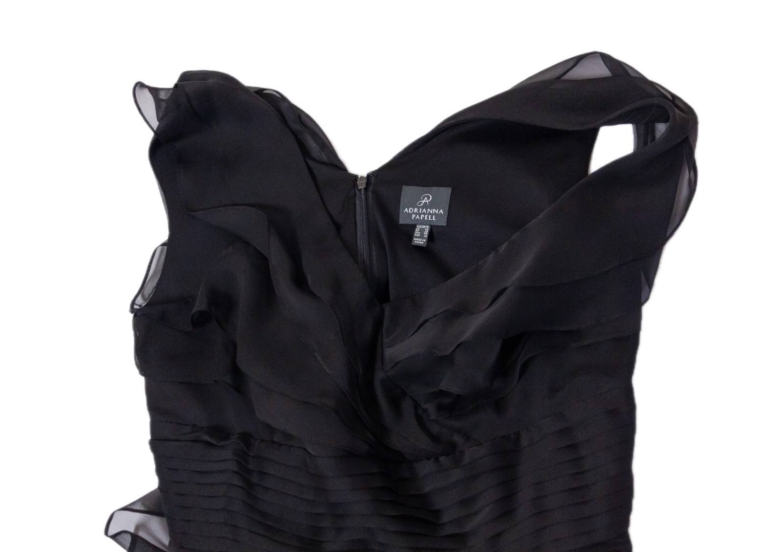 Adrianna Papell Black Chiffon Cocktail Dress Pleated Ruffle Knee Length US 16