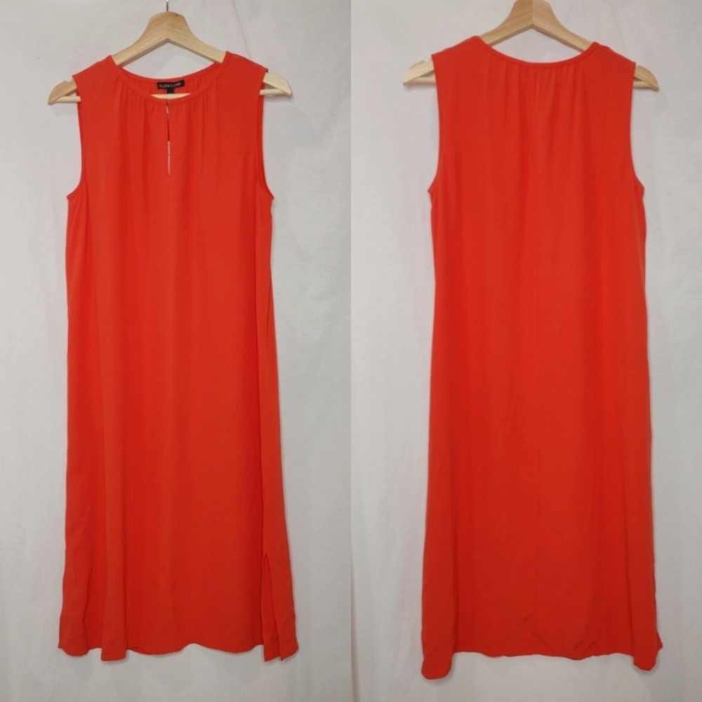 Eileen Fisher Shift Dress Sleeveless Round Split Neck Crepe Tencel Red Orange XS