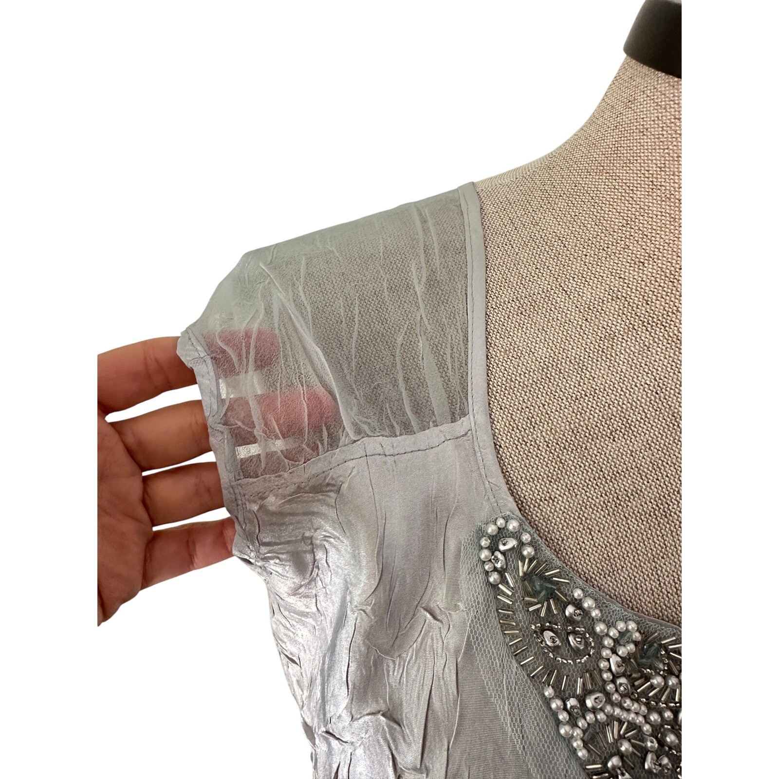 Komarov Crinkle Chiffon Dress Blue Gray Beaded Handkerchief Hem Fairycore Size L