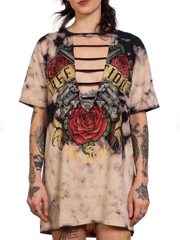 Affliction Women’s Oversized Dress Tee Nightlife Boyfriend $58 Retail Sz Large