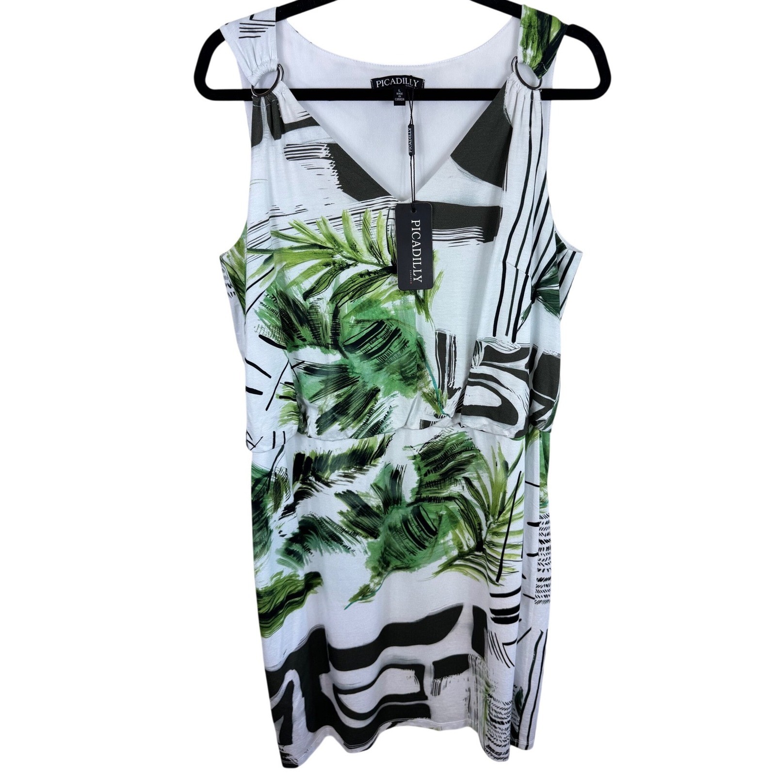 Picadilly Canada Womens Green Tropical Palm Print V-Neck Dress O-Ring Large NWT