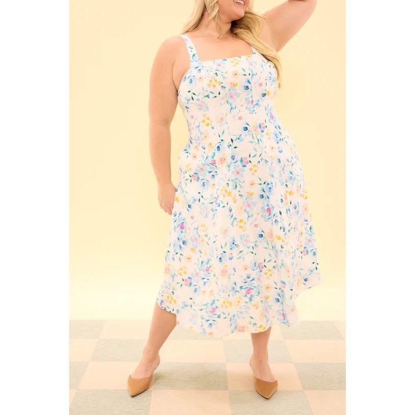 Ivy City Co Petal Dress Blue Bouquet Floral Cotton Midi Pockets Size 16 NWT