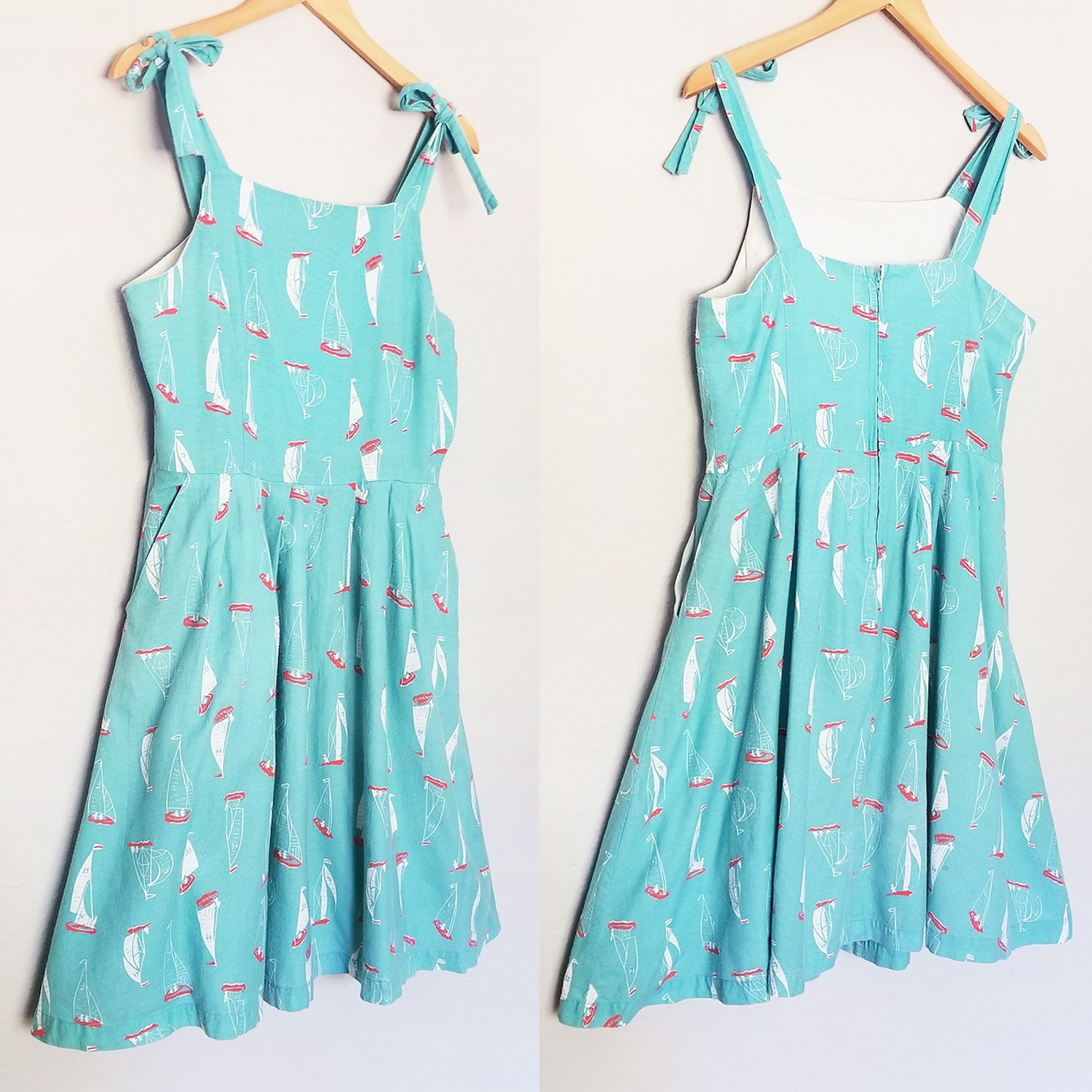 ModCloth Knitted Dove Mint Blue Retro Sailboat Print Dress Size M 100% Cotton