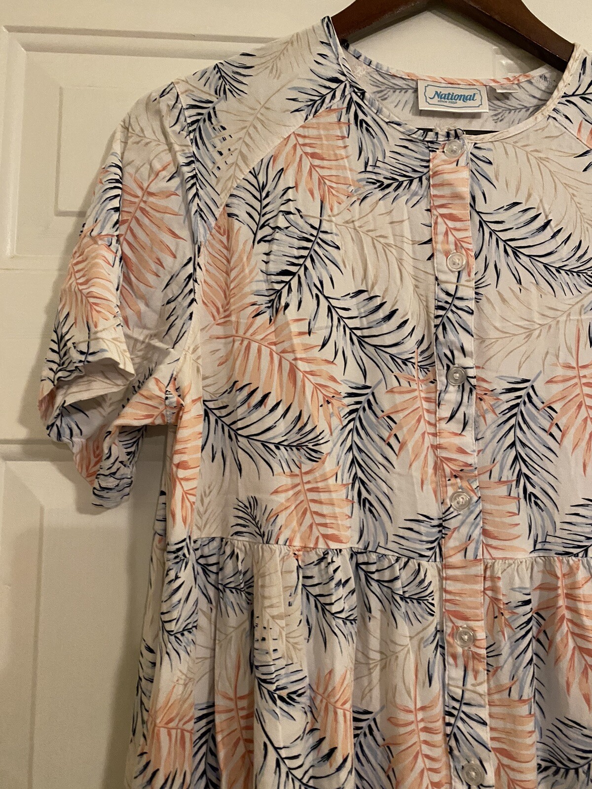 National Since 1952 Housedress Button Up Dress Large Leaf Print Colorful Muumuu