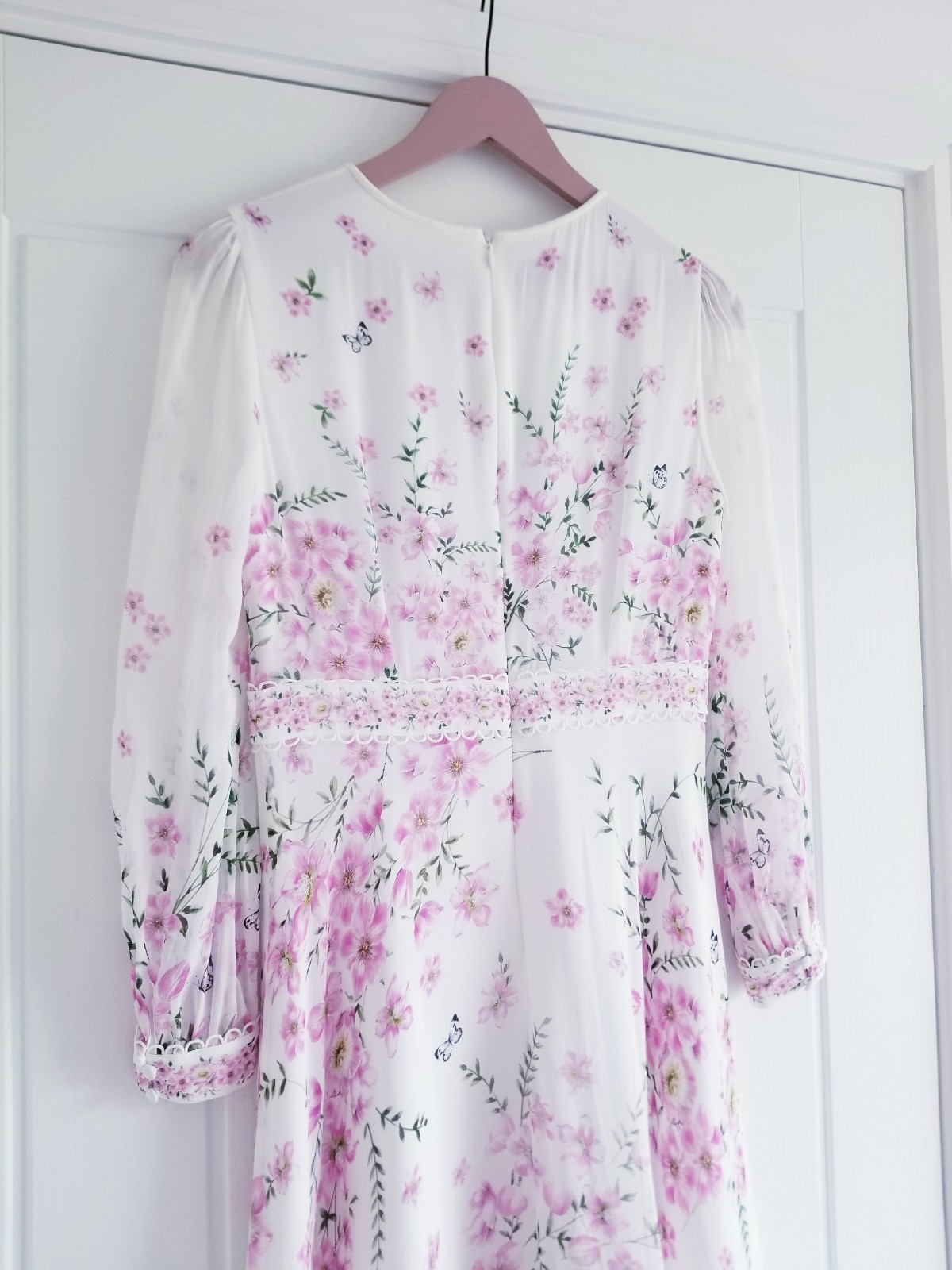 Hobbs Skye Floral Print Pure Silk Midi Dress Ivory Pink Size UK 10 Petite (8-10)