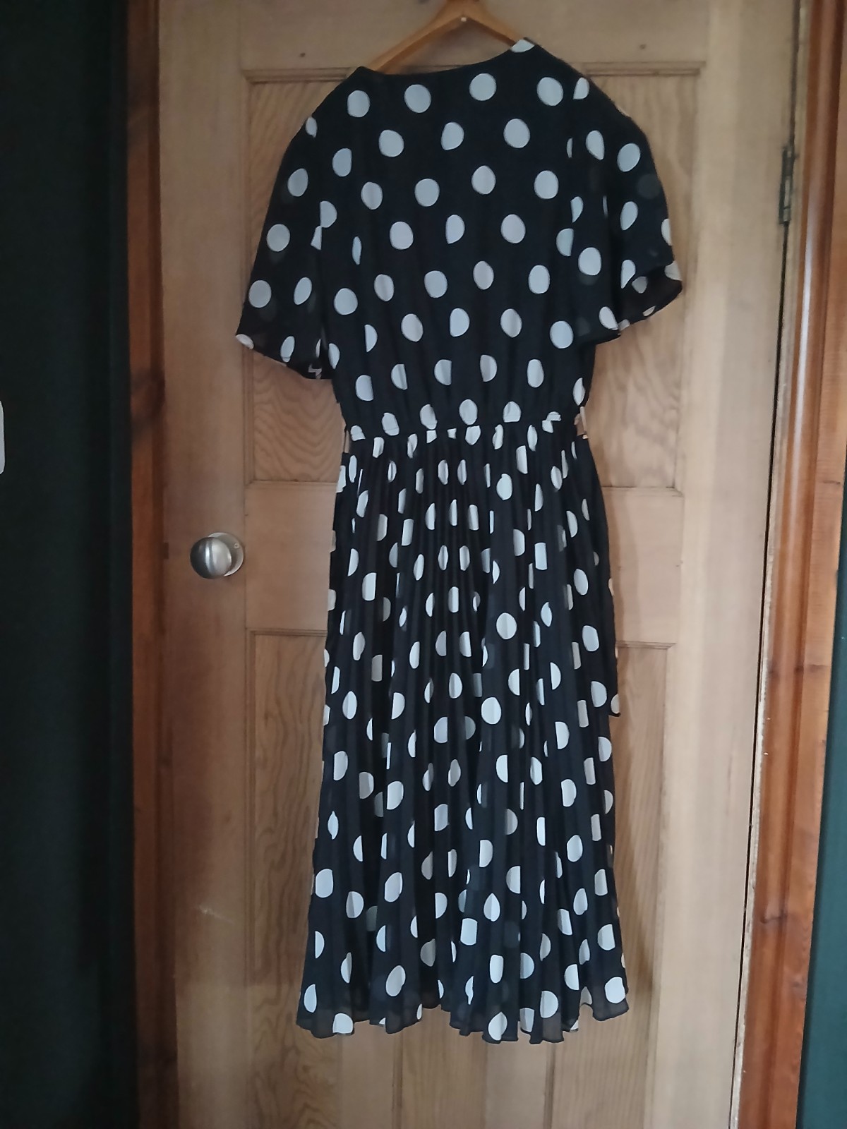 Black And White Spotty Polka Dot Dress, Knee Length, Tie Belt, Elasticated Waist