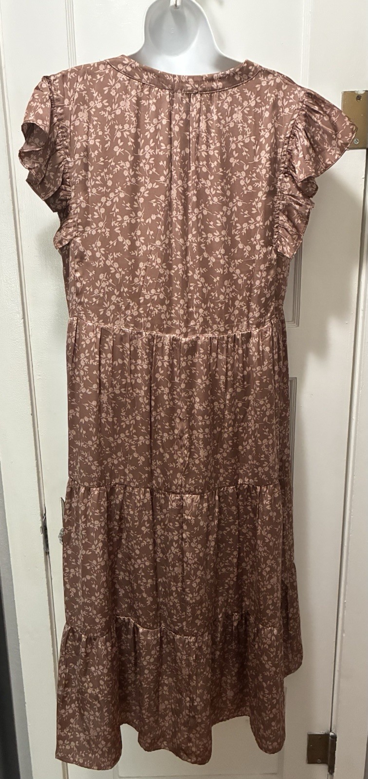 Silky Satin Lined Flutter Sleeve Cocoa Brown Loose Tiered Floral Travel Dress L