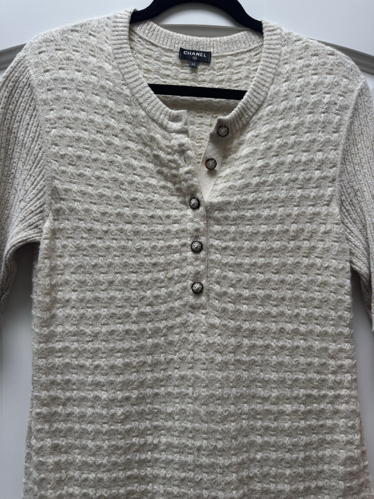 CHANEL Beige Wool Knit Button Front Pocket Knee Dress Half Sleeve Size 40