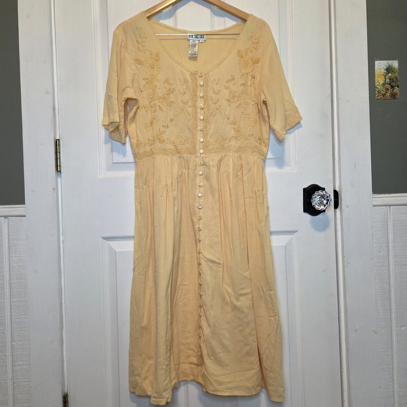 Vtg Together! Dress Yellow Floral Embroidered Button Front Cotton Rayon Flowy L