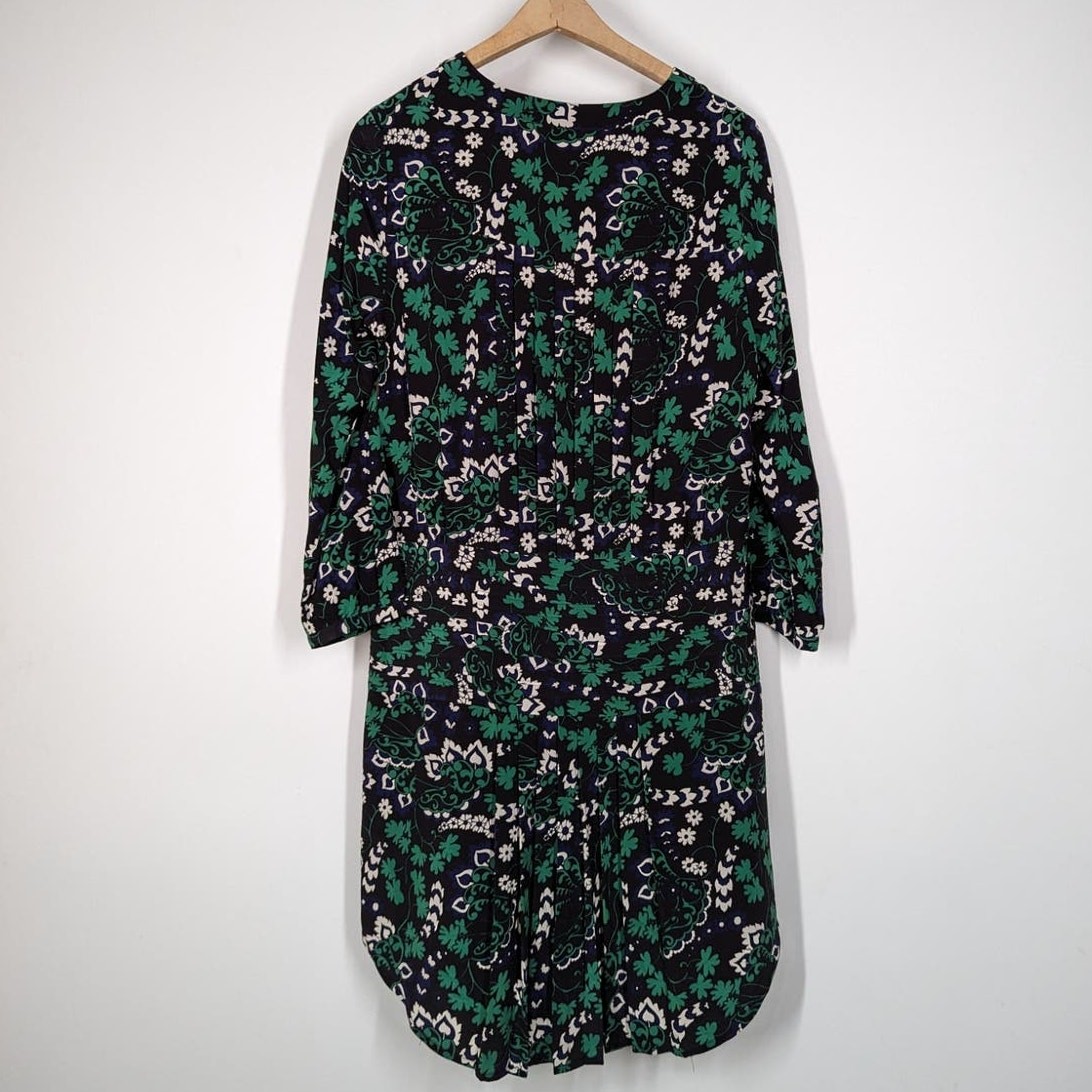 Veronica Beard Elm Silk Shirtdress V-Neck Pleated Green Floral Size 2 Preowned