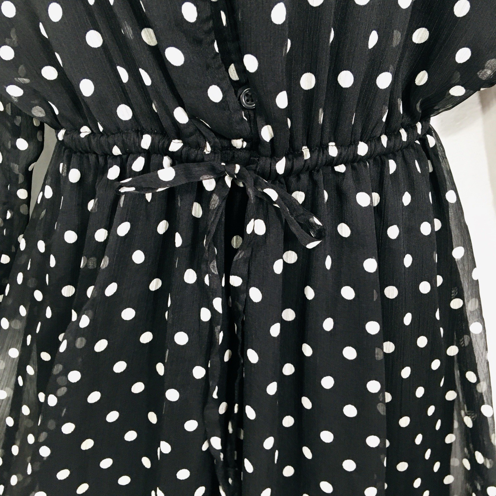 On 34th Polka Dot Chiffon Dress Sz L Sheer Sleeves Stretch Waist Fairy Whimsy