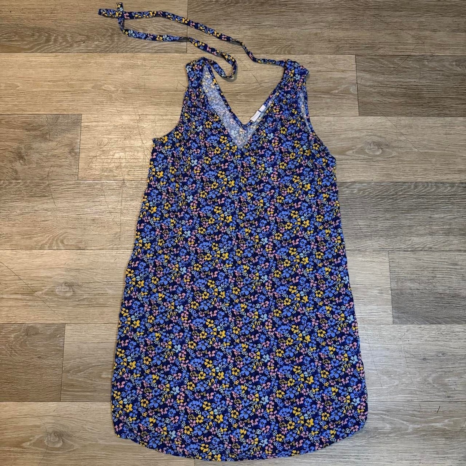Gap Floral Shift Sundress Women’s [S] Blue V-Neck Sleeveless Tie Back Rayon Mini