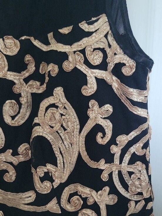 Connected Apparel Black Gold Embroidered Mesh Cocktail Dress Size 10