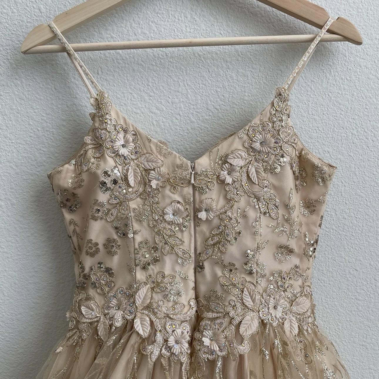 DANCING QUEEN Gold Beige Floral Glitter Tinker Bell Fairy Princess Tulle Dress