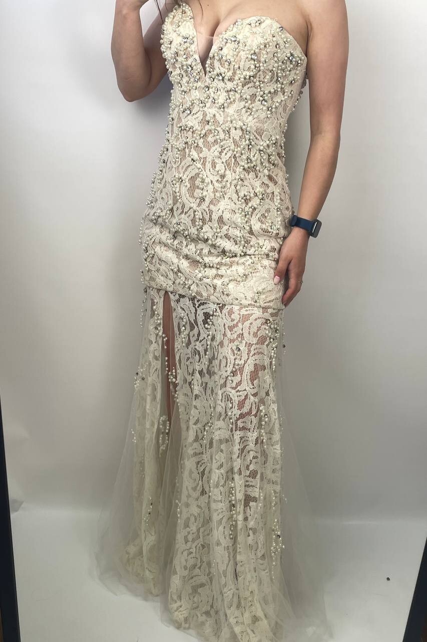 Jovani Strapless Lace Gown Beaded Pearl Nude Ivory Dress Sz 4 Small Prom Formal